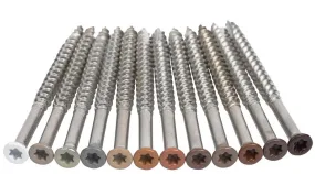 7 x 2-1/4 COLOR TRIM FINISH HEAD STAINLESS-TORX DECK SCREWS T-15 Torx (Star) Drive 305 Stainless Steel Trim Head with Nibs to Countersink Type-17 Cutting Point