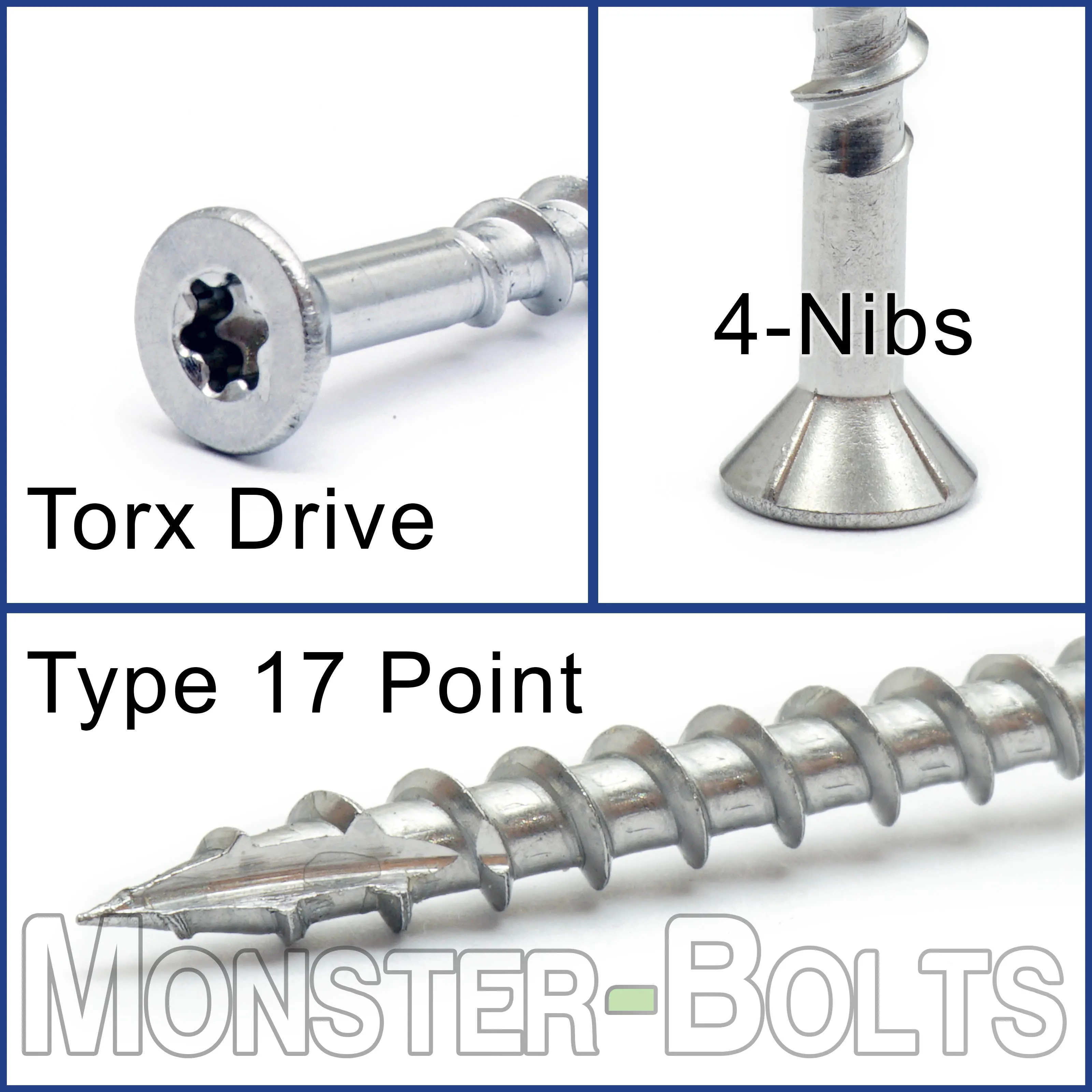 B-Stock #12 x 4" Star (Torx) Drive Flat Head w/ Nibs, 305 Stainless Steel Coarse Thread Type '17' point, Wood / Deck Screws