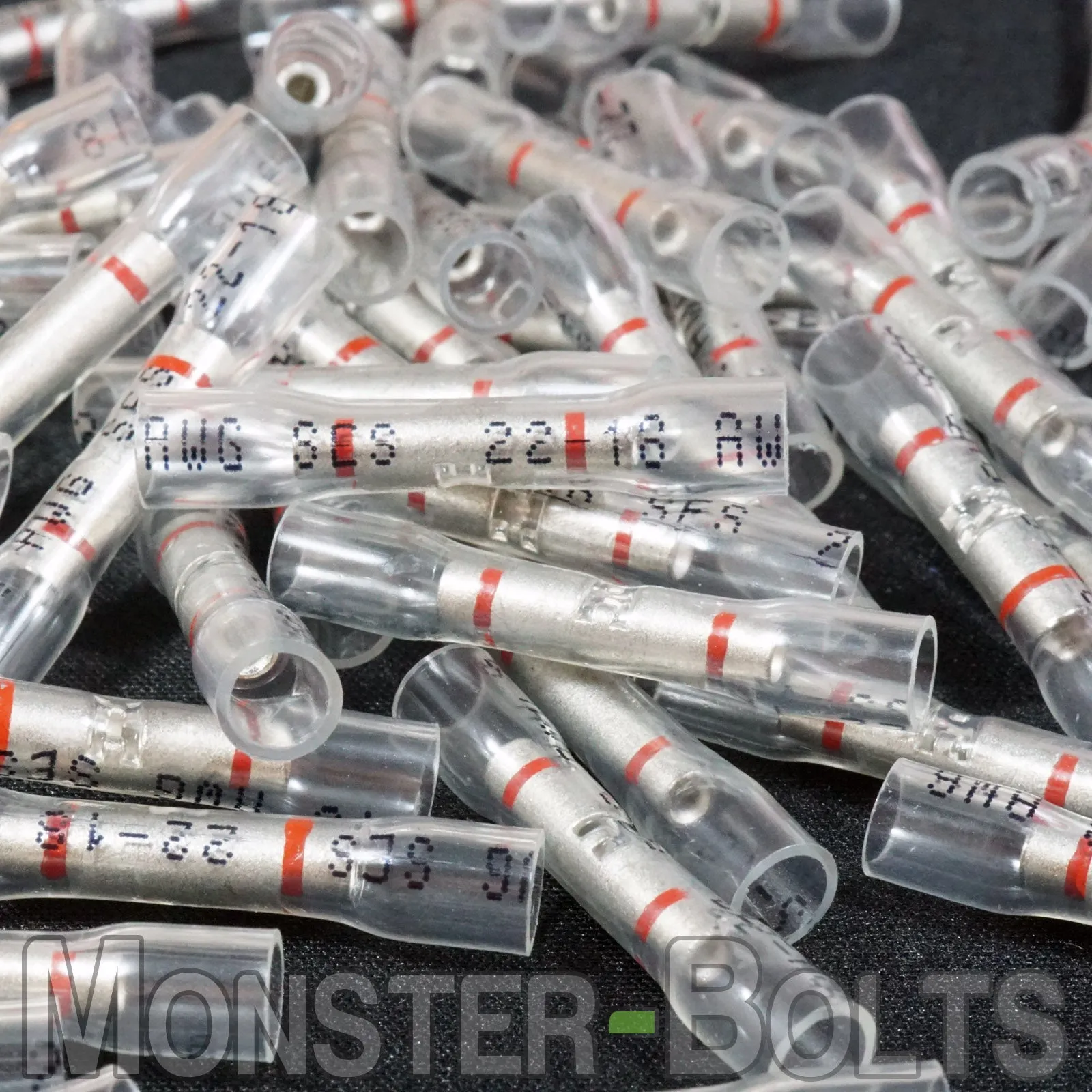 NSPA OptiSeal Waterproof Butt Connectors, Crystal Clear Tubing w/ Red Stripes, 22-18 AWG.