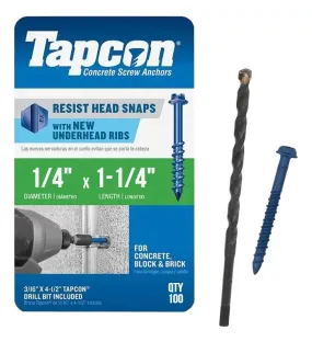 Tapcon 1/4" x 1-1/4" Hex Head Concrete Anchor Screws 3153407 | 100 Pack | Drill Bit Included