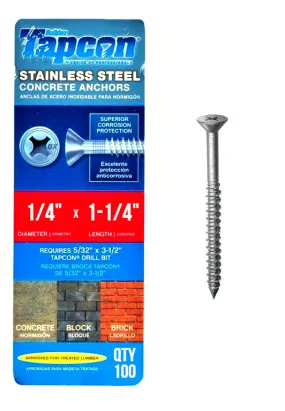Tapcon 1/4" x 1-1/4" Stainless Steel Phillips Flat Head Concrete Anchor Screws 3373907 | 100 Pack | Drill Bit Included