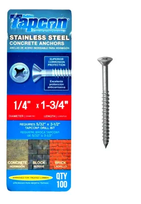 Tapcon 1/4" x 1-3/4" Stainless Steel Phillips Flat Head Concrete Anchor Screws 3374907 | 100 Pack | Drill Bit Included
