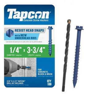 Tapcon 1/4" x 3-3/4" Hex Head Concrete Anchor Screws 3163407 | 100 Pack | Drill Bit Included