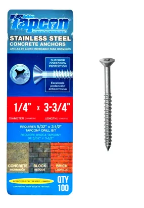 Tapcon 1/4" x 3-3/4" Stainless Steel Phillips Flat Head Concrete Anchor Screws 3378907 | 100 Pack | Drill Bit Included