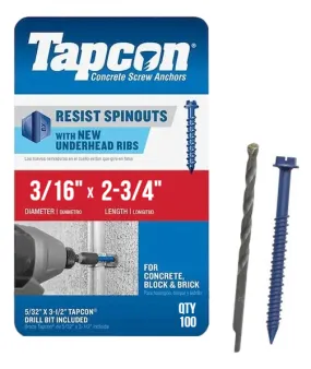 Tapcon 3/16" x 2-3/4" Hex Head Concrete Anchor Screws 3145407 | 100 Pack | Drill Bit Included