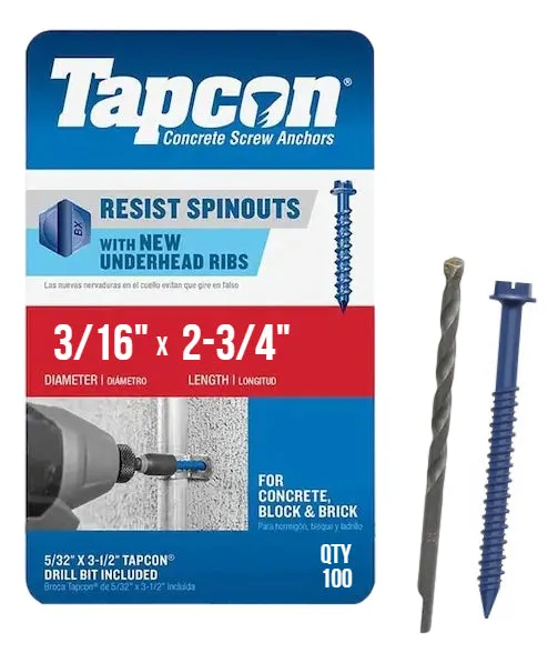 Tapcon 3/16" x 2-3/4" Hex Head Concrete Anchor Screws 3145407 | 100 Pack | Drill Bit Included