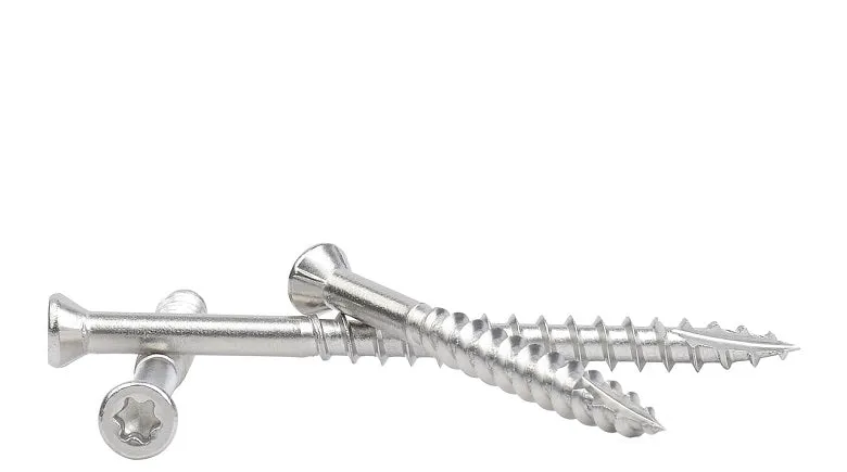 TRIM FINISH HEAD STAINLESS-TORX DECK SCREWS T-15 Torx (Star) Drive 305 Stainless Steel Flat Head with Nibs to Countersink Type-17 Cutting Point